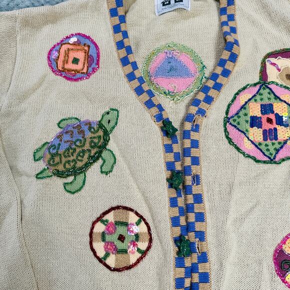 VINTAGE STORYBOOK KNITS BEADED COLORFUL KNIT TURTLE CHUNKY CARDIGAN SWEATER - Picture 2 of 7